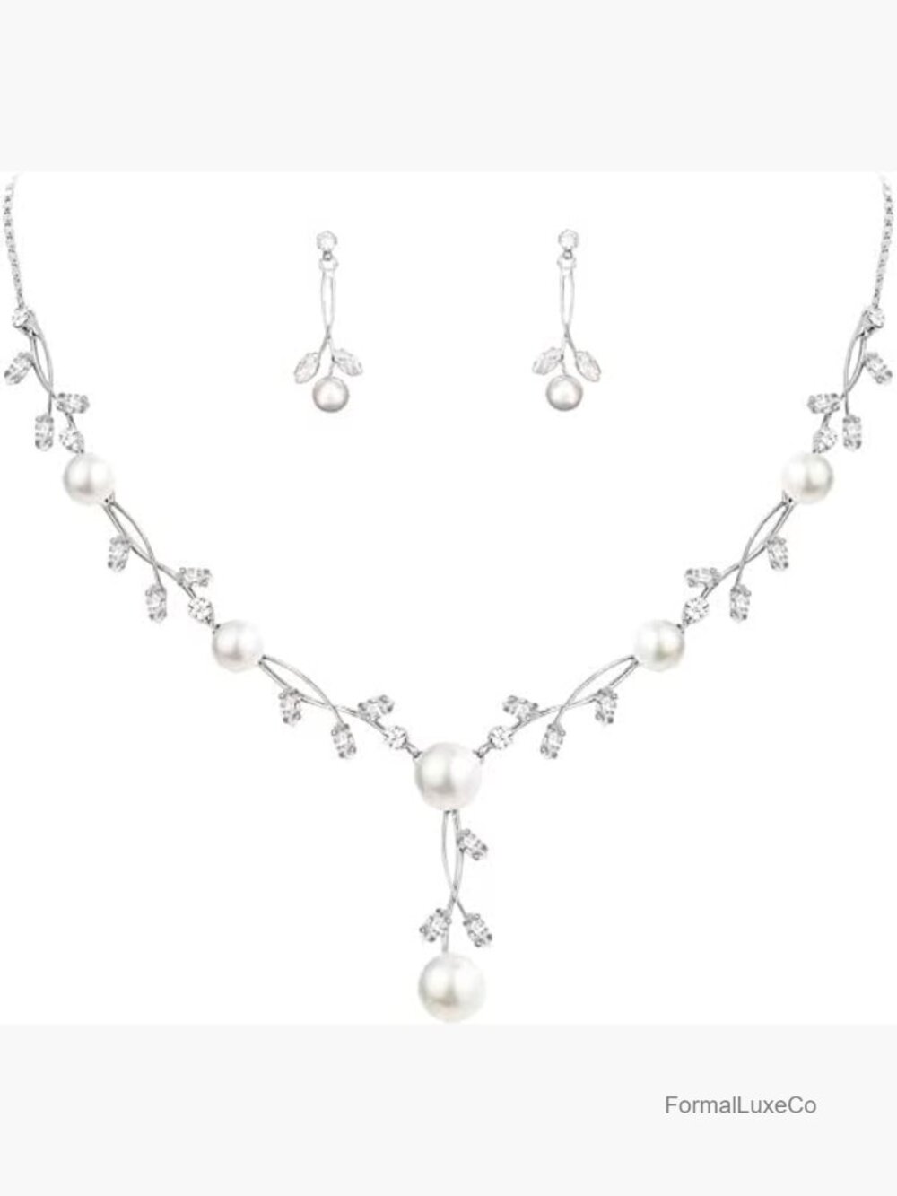 Austrian Crystal Pearl Floral Necklace & Dangle Earrings Wedding Bridal Jewelry